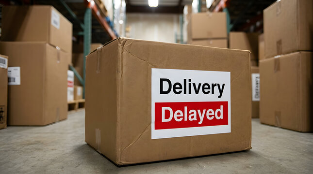 Large brown cardboard shipping box sitting on a concrete floor inside an industrial warehouse facility, featuring a prominent white and red delivery delayed label affixed to the front surface