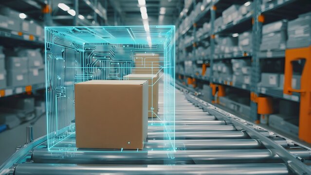 Low angle view of cardboard box beside dense circuit board hologram wall on warehouse conveyor, illustrating close-up smart package processing infrastructure
