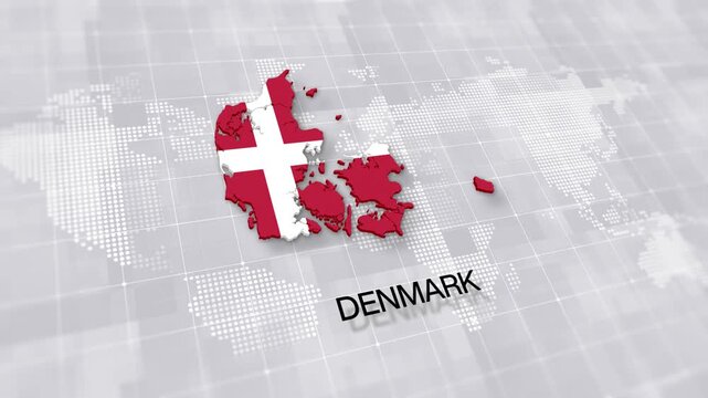 Denmark map with national flag on white digital world map background, global political, geographic border for international news concept with minimal background