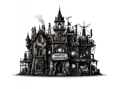 A detailed monochromatic illustration of a spooky haunted laboratory building with steampunk elements.