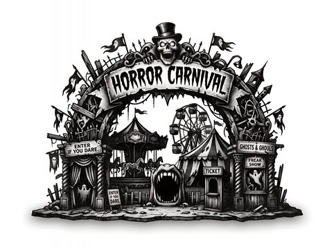 Black and white illustration of a spooky horror carnival entrance archway with rides and skull.