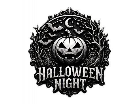 Decorative Halloween night emblem featuring a carved pumpkin and bats in a vintage frame.