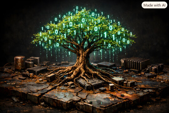 Digital Tree Growing From Rusted Circuit Board With Glowing Binary Code Leaves