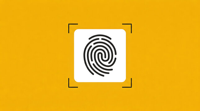 Minimalist digital security graphic featuring a black fingerprint icon inside a white square tile framed by black corner targeting brackets set against a textured vibrant mustard yellow background