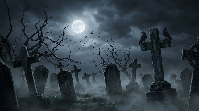 Spooky graveyard landscape at night featuring old stone tombstones, crosses, bare dead trees, perched ravens, and a full moon shining through dark atmospheric storm clouds with creeping ground fog
