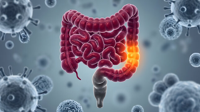3D rendered medical illustration of human large and small intestines with a glowing inflamed section on the descending colon surrounded by microscopic viral and bacterial cells in a clinical setting