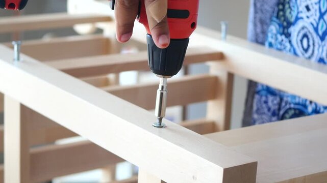 Person using electric screwdriver to assemble wooden furniture frame in home workshop