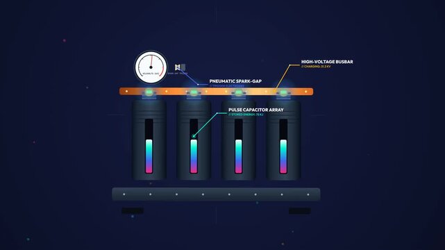 Detailed animation of the electromagnetic forming process showing pulse capacitor discharge, transient magnetic flux, Lorentz repulsion, and high-velocity metal collapse onto a die