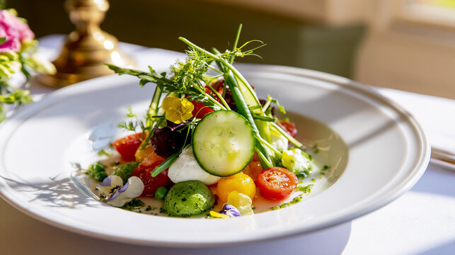 Gourmet summer salad artfully arranged with fresh vegetables, cherry tomatoes, mozzarella, and edible flowers on a white plate