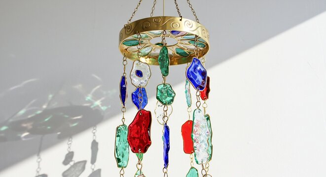 Colorful Glass Wind Chime: A vibrant hanging wind chime, crafted with assorted colorful glass pieces and gold accents, creates a soothing ambiance with its gentle tinkling sound.