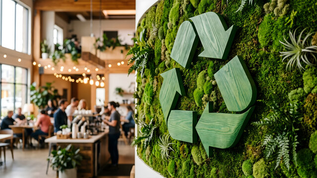 Sustainable cafe interior with green moss wall featuring a wooden recycling symbol, promoting eco friendly business practices