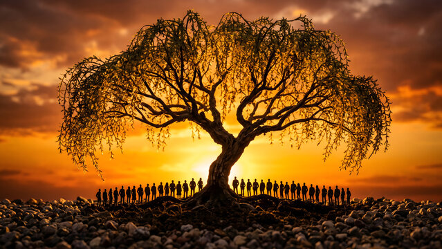 A Majestic Willow Tree Overlooking a Silhouette of People Standing Together in Unity at Sunset
