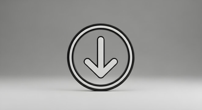Minimalist 3D download button icon featuring a clean downward arrow symbol centered inside a circular frame on a soft neutral gray background
