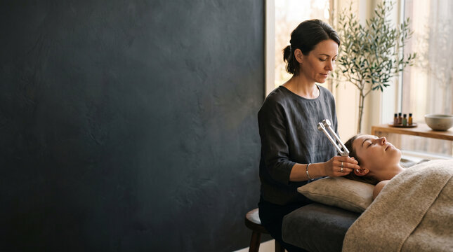 Sound therapist practitioner using weighted tuning fork near client ear during vibrational sound therapy session with dark copy space