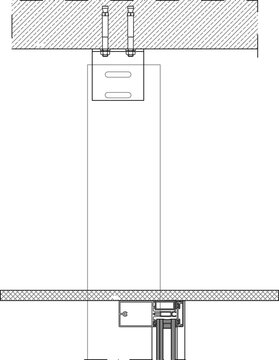 Technical line art vector illustration of an architectural top anchorage curtain wall cross-section detail, featuring expansion anchor bolts embedded in the concrete ceiling slab