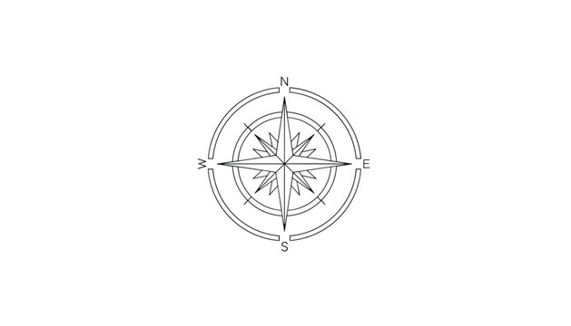 Detailed monochrome compass rose outline with directions north, south, east, and west on a clean white background.