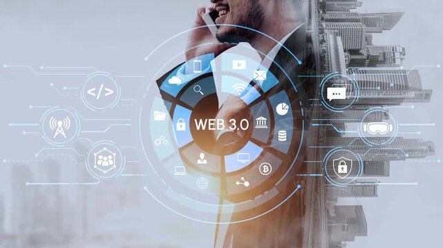 Modern Business Professional Engaged in Communication with Web 3.0 Icons Showcasing Future Technology Concepts and Urban Background. Entropy.
