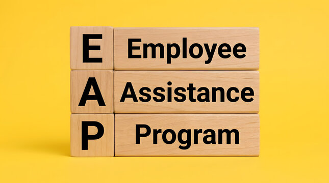 Six light-colored wooden toy blocks are stacked neatly in two vertical columns to spell out the abbreviation EAP alongside Employee Assistance Program against a solid bright yellow background