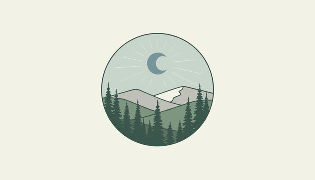 Circular landscape patch displaying a crescent moon over pine tree forest and snowy mountains on a light background.