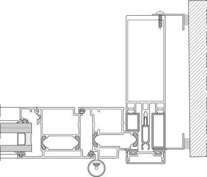 Technical line art vector illustration of an architectural corner window or curtain wall frame cross-section detail, showing aluminum extrusion profiles, thermal break polyamide strips