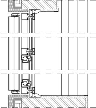 Technical line art vector illustration of an architectural vertical curtain wall cross-section detail, featuring aluminum mullion and transom extrusion profiles, double-glazed insulated glass units