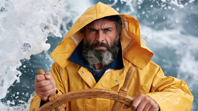 Weathered mariner guides a vessel through stormy ocean waves while wearing a bright yellow slicker.