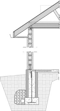 Technical line art vector illustration of a building construction cross-section detail, showing a foundation footing, insulated cavity wall structure, concrete floor slab