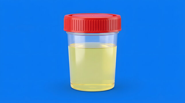 A 3D-rendered clear plastic medical sample container featuring a ridged red screw cap, filled with yellow urine liquid, isolated on a solid bright blue background in a clean clinical product render