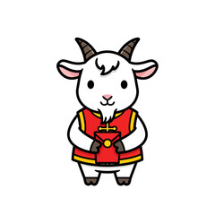 Fototapeta premium Cute cartoon goat wearing red vest holding red envelope.
