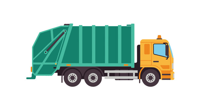 Green garbage truck isolated on transparent background, municipal waste collection vehicle, refuse disposal transport
