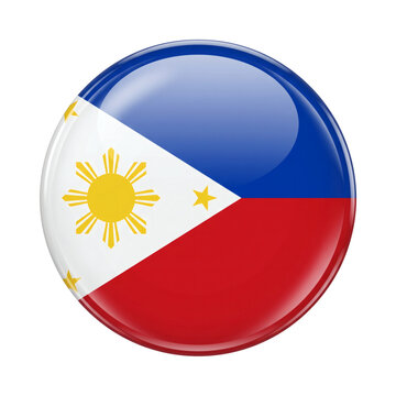 Glossy 3D sphere circular national flag button badge of the Republic of the Philippines featuring blue and red horizontal bands. High quality visual element isolated on white background template.