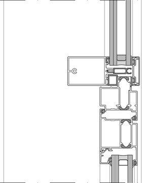 Technical line art vector illustration of an architectural aluminum profile cross-section detail for window or door framing, showing a double glazing glass unit, rubber sealing gaskets, thermal break 