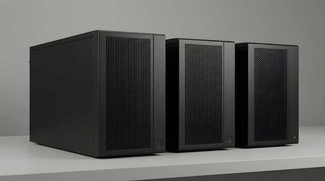 Three modern black electronic storage enclosures featuring vertical grated ventilation panels on their front faces and small power buttons, aligned neatly in a row on a light gray studio surface