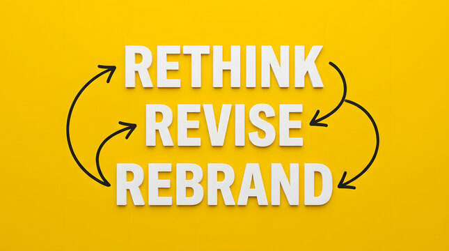 Minimalist business concept featuring three stacked white 3D block words rethink revise rebrand connected by hand drawn black curved arrows forming a continuous process loop on a yellow background
