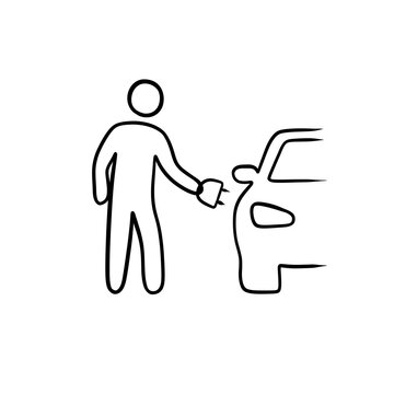 Person Charging Electric Car Line Art Icon for EV Concept 