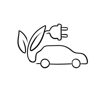 Eco Friendly Electric Car Line Art Icon with Plug and Green Leaves 