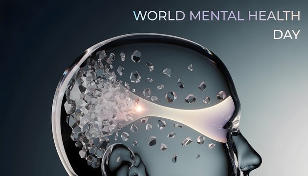 Human head silhouette with floating crystal fragments representing mental health awareness