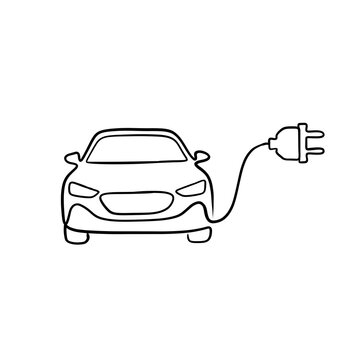 Electric Car Front View with Charging Plug Continuous Line Art Icon 