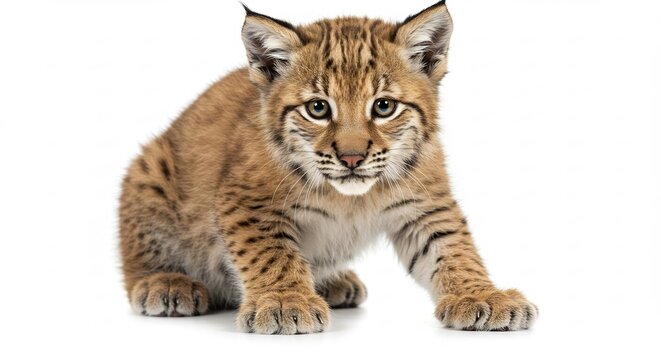 Bobcat Kitten Portrait: An adorable bobcat kitten with distinctive markings and tufted ears poses attentively, showcasing its wild beauty and playful spirit.