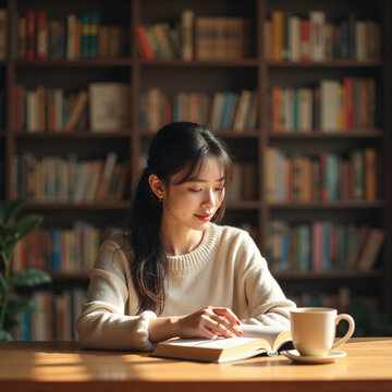 A young woman with dark hair tied back in a ponytail sits at a wooden table in a cozy library, engrossed in reading a book. Sunlight streams through the window.