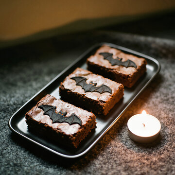 Chocolate brownies topped with black bats beside lit tea light on black plate