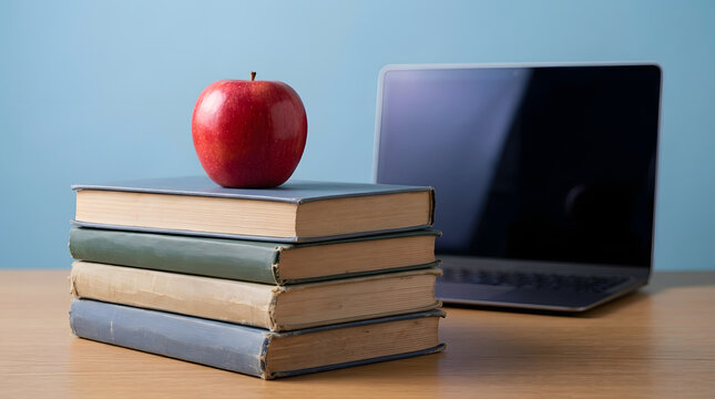 A stack of four multicolored hardcover books featuring a shiny red apple placed on top alongside a modern laptop computer on a wooden desk against a solid light blue wall in an academic study setup
