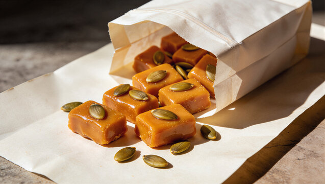Caramel fudge squares topped with pumpkin seeds spilled from paper bag