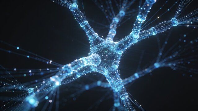 Close-up view of an abstract neuron cell depicted with glowing blue particles and interconnected branches on a dark background, representing neural networks.