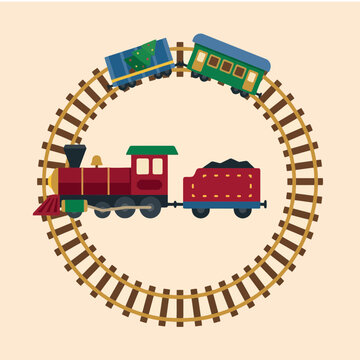 A colorful toy train travels along a circular wooden track loop