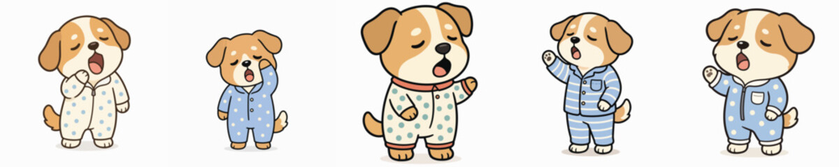 Fototapeta premium A set of cute dog vectors dressed in pajamas and yawning sleepily.