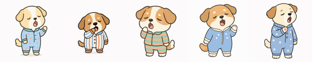 Fototapeta premium A set of cute dog vectors dressed in pajamas and yawning sleepily.