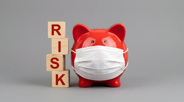 A shiny glossy red ceramic piggy bank wearing a white disposable surgical face mask beside a vertical stack of wooden alphabet blocks spelling risk against a plain neutral gray studio background