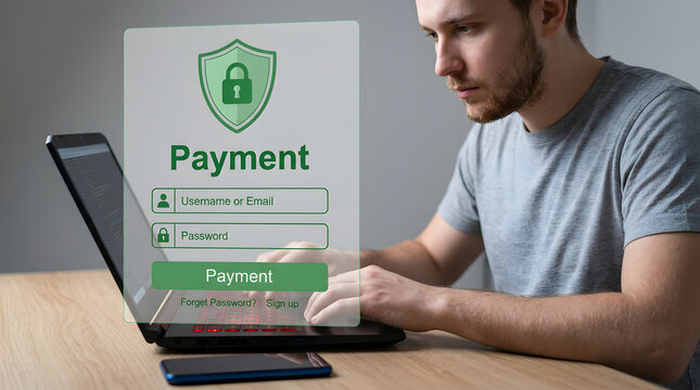 Young bearded man in grey t-shirt typing on a laptop at a wooden desk with a floating green cybersecurity payment login interface overlay featuring a shield icon, padlock symbol, and text fields