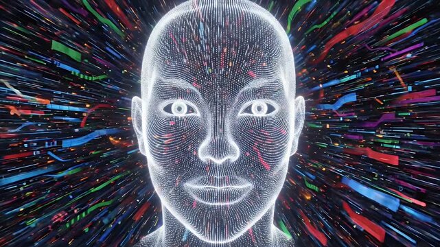 Glowing Digital Human Face Hologram with Futuristic Fiber Optic Data Streams for Artificial Intelligence Technology Concept